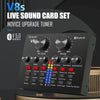 V8S Professional Live Stream External Sound Card with adjustable controls and Bluetooth connectivity.