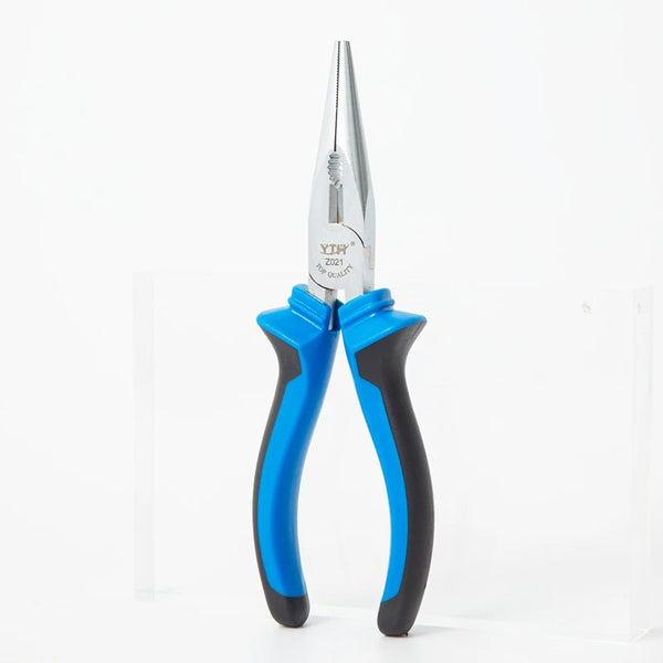 Long Nose Combination Pliers for Electrical Repair with blue and black handles against a white background.