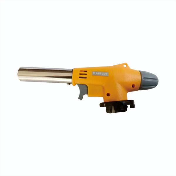 Windproof Portable Cartridge Gas Torch Lighter in yellow with silver nozzle for outdoor and industrial tasks.