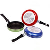 Non Stick Aluminum Mini Round Frying Pan in green, red, and blue colors stacked together showcasing their sleek design.