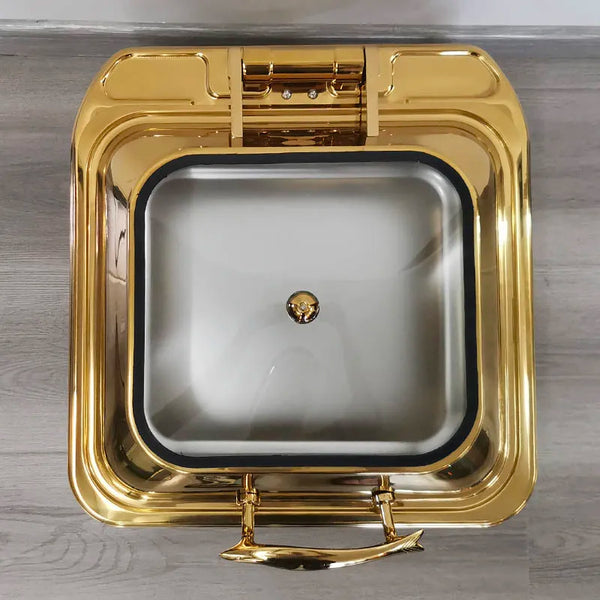 Gold Stainless Steel Square Chafing Dish with Flip Top from above, featuring a shiny gold exterior and a silver interior.