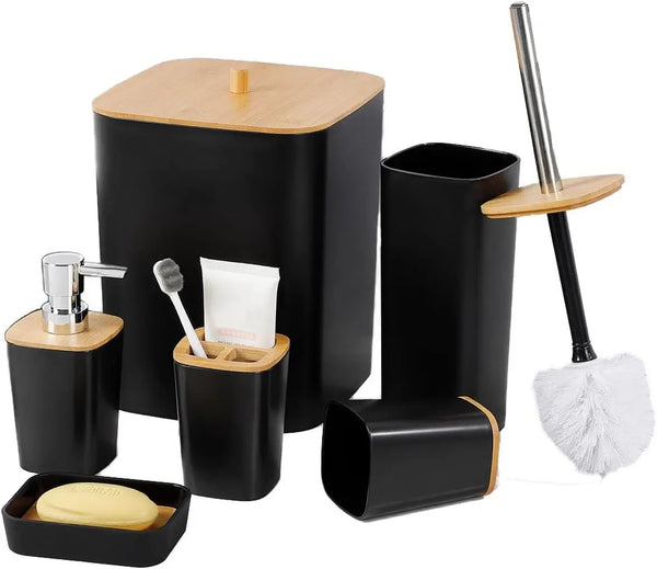 6-Piece Eco Friendly Kitchen Set featuring bamboo and black containers for sustainable kitchen organization.