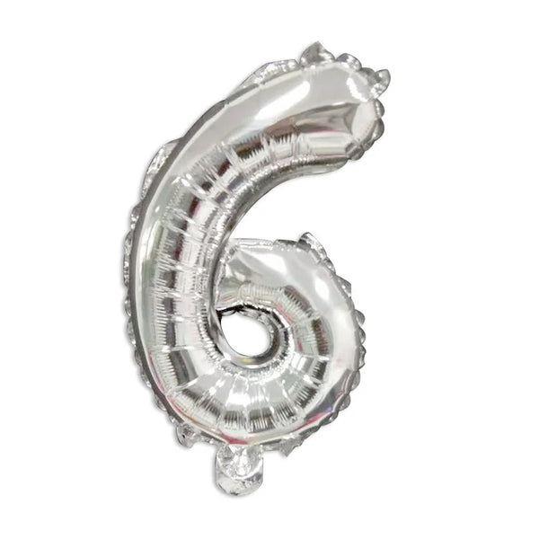 16-Inch Number Aluminum Film Balloon in the shape of the number 6, showcasing a shiny silver finish.