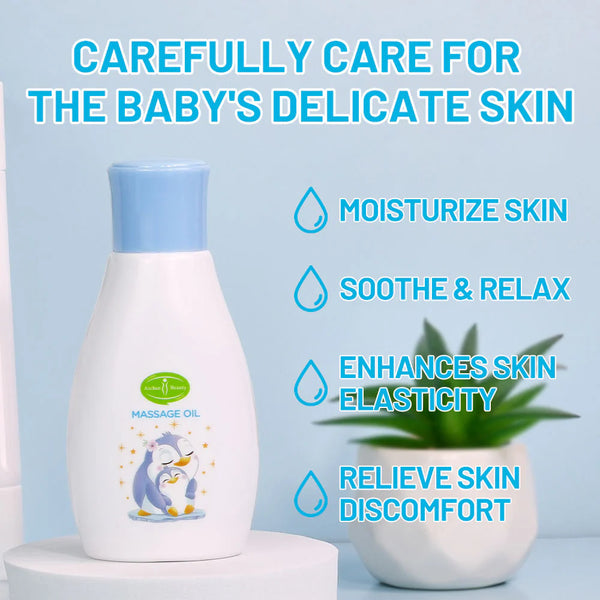 Vitamin E Soothing Baby Massage Oil in a bottle with text highlighting benefits for delicate baby skin.