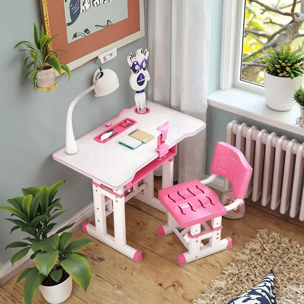 Metal Ergonomic Design Lift Chair and Table with Lamp in a bright room with a lamp and desk accessories.