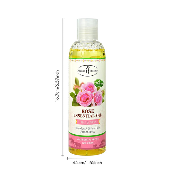 Pure Natural Rose Essential Oil bottle for hair and skin nourishment with shiny, silky appearance.