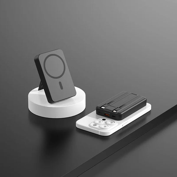 PD15W PD22.5W 10000mAh Magnetic Wireless Power Bank on charging station with a smartphone.