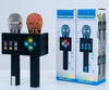 Wireless USB Audio Karaoke Microphone with colorful lights and speaker, displayed beside its packaging.