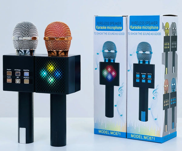 Wireless USB Audio Karaoke Microphone with colorful lights and speaker, displayed beside its packaging.