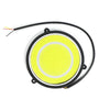 Universal 12V COB LED White Daytime Running Lights in round design with yellow and black casing and wires.