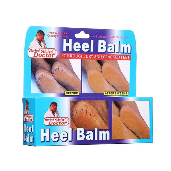 Heel Balm for Rough Dry and Cracked Feet packaging showing before and after results for foot care.