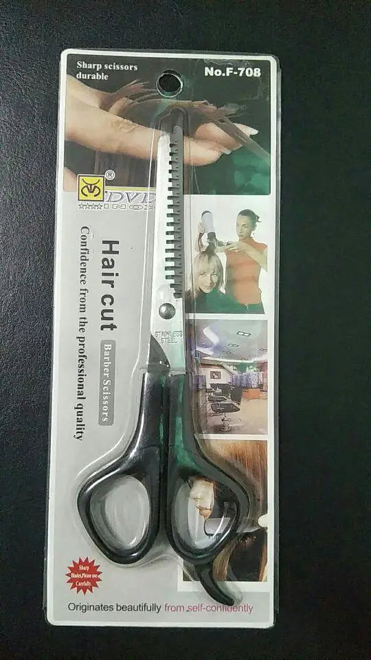 Portable Stainless Steel Hairdressing Thinning Scissors packaging featuring sharp and durable design for professional quality hair cutting.
