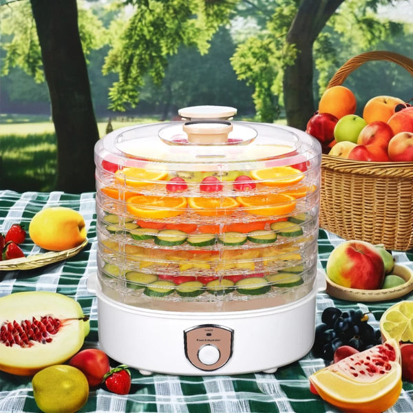 Commercial 5 Tray Food Dehydrator with colorful fruits set outdoors on a checkered tablecloth.