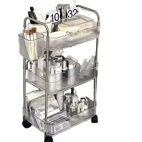 3-Tier Multipurpose Stainless Steel Rolling Organizer Cart with clear drawers and wheels for easy storage and mobility.
