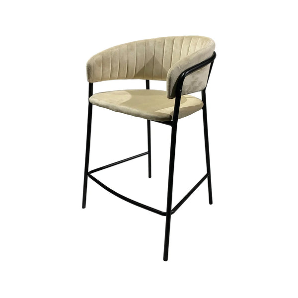Upholstered Bar Stool with Curved Back and Black Metal Frame featuring channel-stitched backrest and powder-coated base.