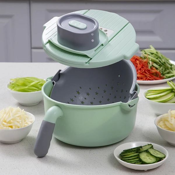 12-in-1 Manual Vegetable Chopper and Slicer with green bowl and spiralizer, perfect for meal preparation.