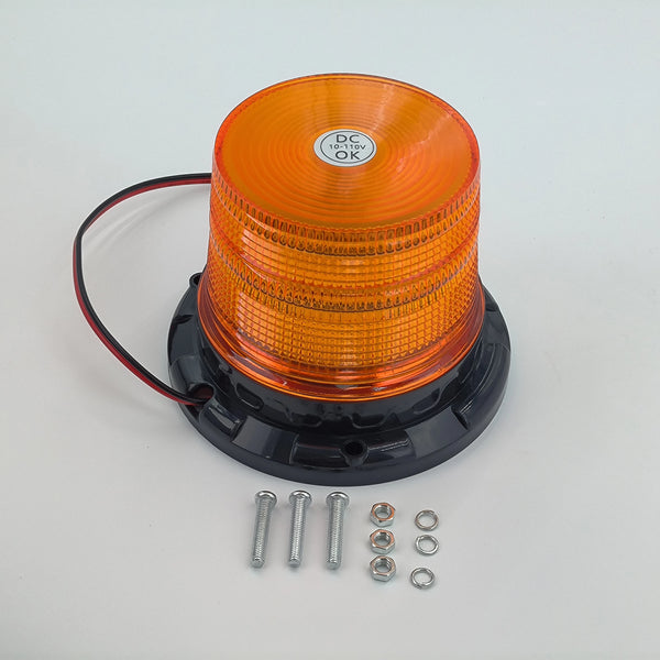 Forklift Flashing Amber Warning Light with base and mounting screws, designed for safety in warehouse settings.