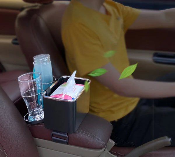 Car Armrest Cup Holder Storage Box with drinks and small items in a car interior for easy access.