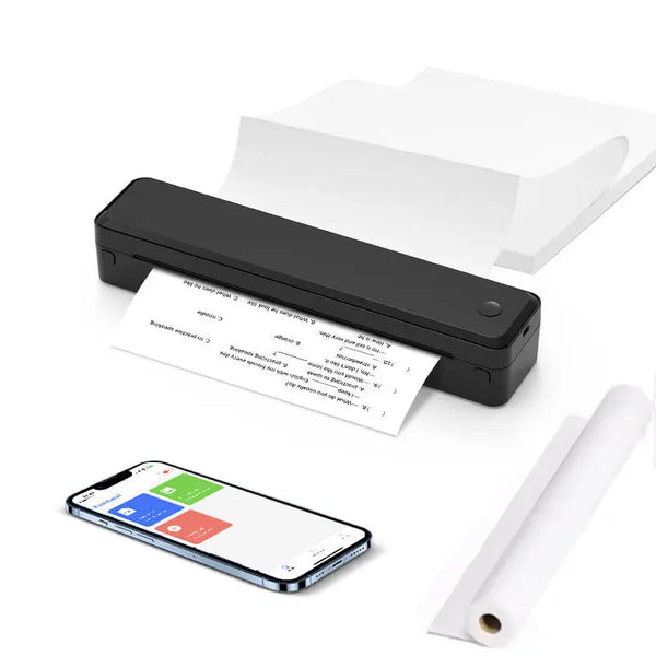 Portable Wireless Thermal Printer printing documents with a smartphone and paper roll.