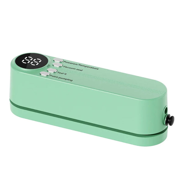 Handheld Vacuum Sealer for Food in green color with control buttons for sealing and temperature settings.