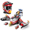 Creative Garage Fire Rescue Car Track with emergency vehicles and helmet for imaginative play.