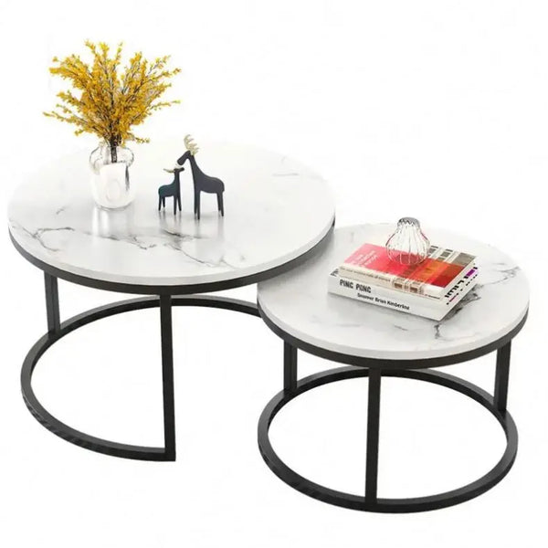 Round Marble Effect Nesting Coffee Tables with Black Metal Frame showcasing two stylish tables in a modern living room.
