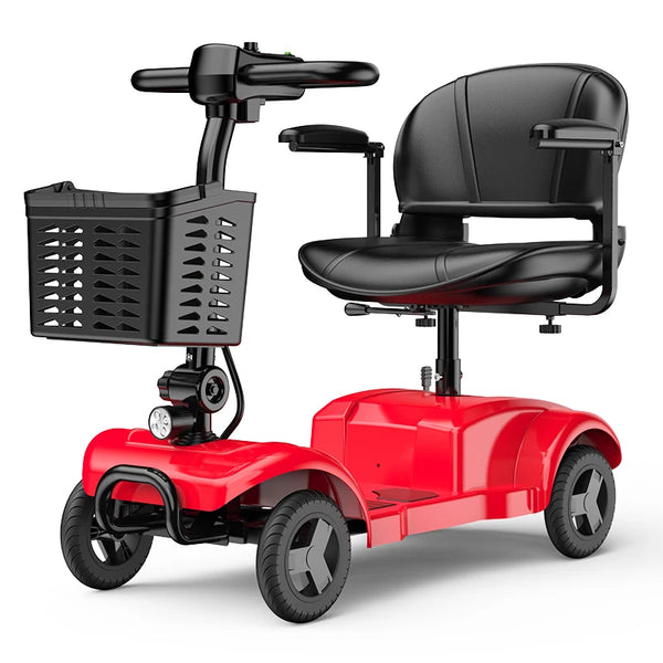 New Model Four Wheel Elderly Mobility Scooter in red with basket and comfortable seat for convenient transport.
