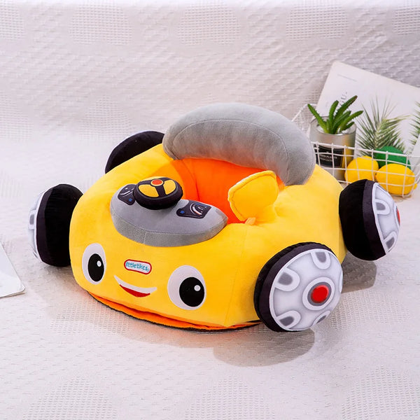 Kids Cartoon Car Stuffed Doll in bright yellow with smiling face and plush details, perfect for cuddling and play.