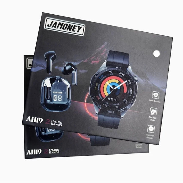 AH19 Smart Connected Watch with Wireless Earphones packaging featuring a smartwatch and earbuds.