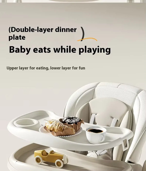 Adjustable Baby High Chair with Swing featuring a double-layer dinner plate for eating and playing.