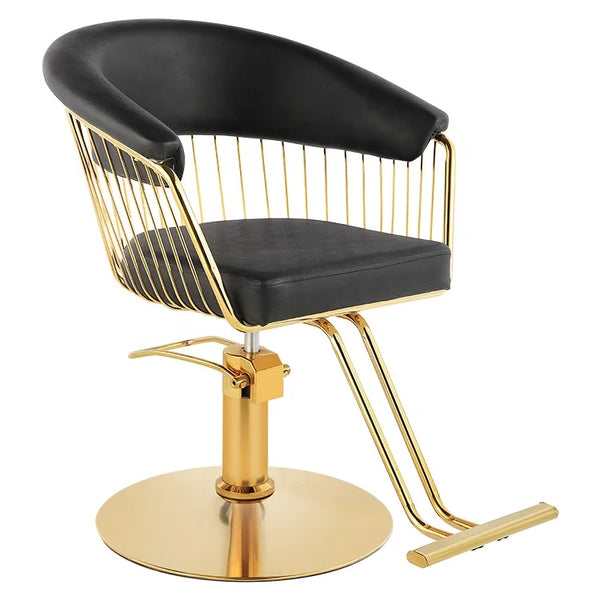 Black Beauty Salon Hydraulic Lifting Chair with gold accents and black cushion, ideal for stylish salons and barbershops.