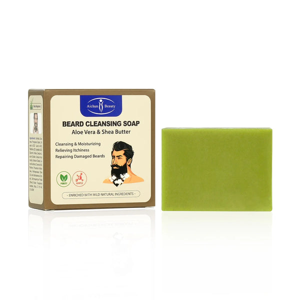 Aichun Beauty Natural Beard Cleaning Soap with Aloe Vera and Shea Butter for cleansing and moisturizing beards.