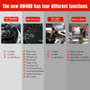 Image illustrating the functions of the KW480 Full System OBD2 Diagnostic Scanner including OBD detection, oil light reset, and battery match.