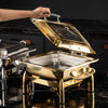 Gold Stainless Steel Square Chafing Dish with Flip Top on display, showcasing elegant design and functionality.