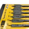 6 Piece Hex Shank Spade Bit Wood Drill Kit showing a set of six spade drill bits with various sizes on packaging.