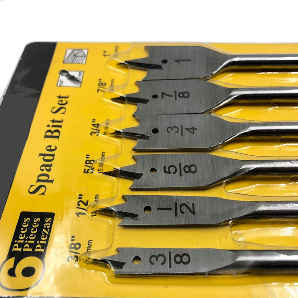 6 Piece Hex Shank Spade Bit Wood Drill Kit showing a set of six spade drill bits with various sizes on packaging.