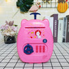 Suitcase Design Piggy Bank ATM Money Safe Box for Money in pink with cartoon design and keypad features.