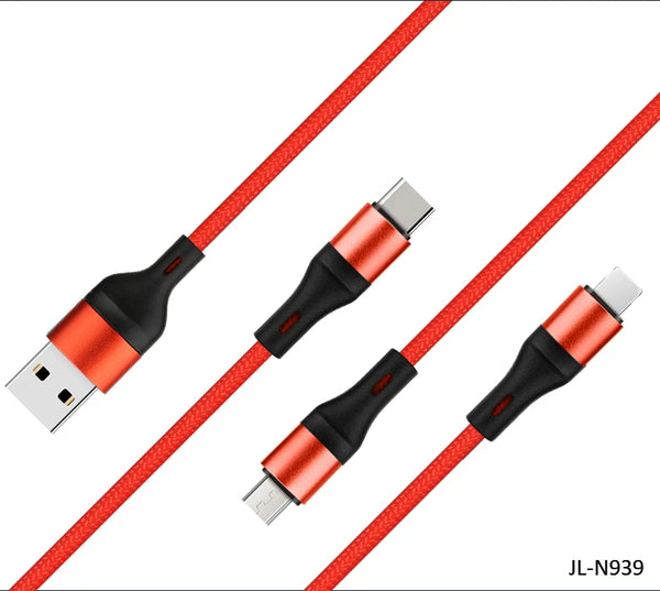 3-in-1 USB Charging Cable featuring Micro USB and Type-C connectors with a durable nylon braided design.