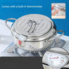 Household 304 Stainless Steel Frying Pan with Thermometer on a gas stove, showcasing built-in thermometer.