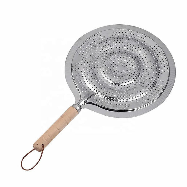 Double-Layer Iron Silver Anti-Hot Heat Diffuser with a wooden handle for safe cooking.