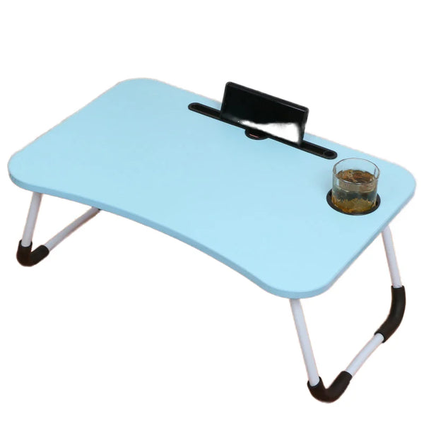 Dormitory Bed Folding Small Table with a blue surface and glass holder, perfect for small spaces.