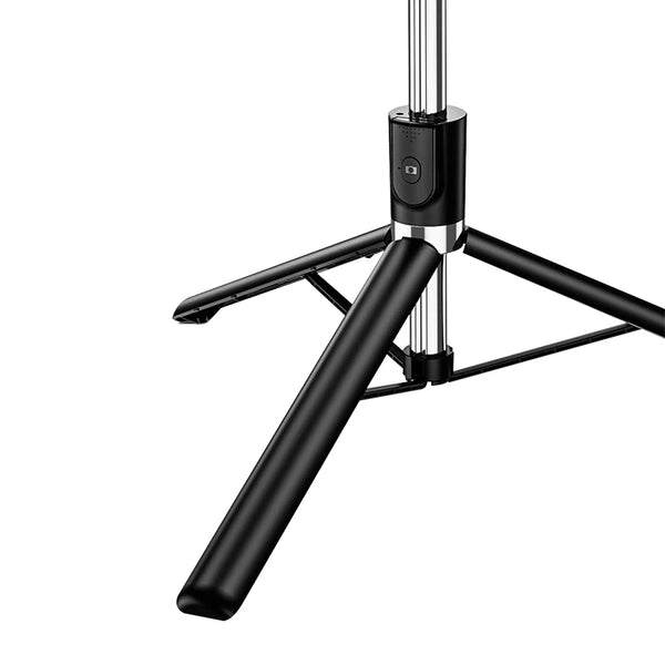 Wireless Selfie Stick for Smartphones base with tripod legs and remote button for easy group photos.