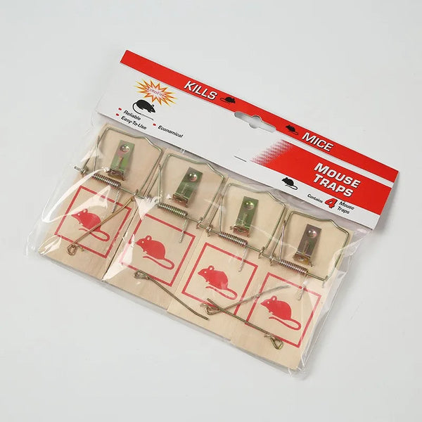 Heavy Duty Wooden Snap Mousetrap pack displaying four traps designed for effective rodent control in households.