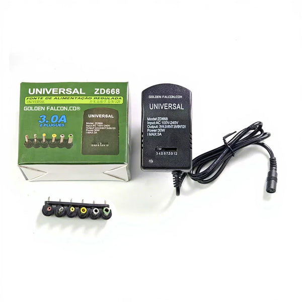 30W Adjustable Universal Power Adapter 3-12V with interchangeable heads and power cable.