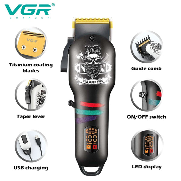 V-699 Professional Electric Hair Clipper featuring titanium blades, guide comb, taper lever, USB charging, and LED display.