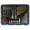 100 Piece Multifunction Drill Bit Kit for Wood Metal and Concrete with various drill bits shown in a storage case.