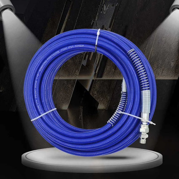 20M High Pressure Airless Sprayer Hose coiled and presented under spotlight on a display stand.