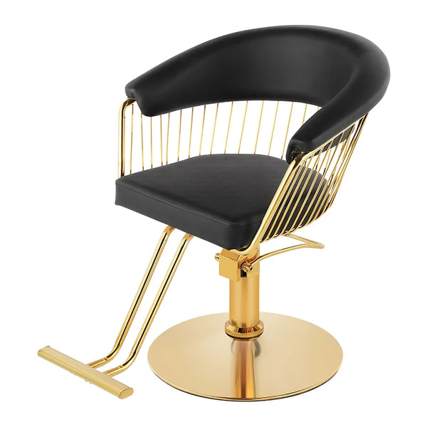 Black Beauty Salon Hydraulic Lifting Chair with sleek gold accents and comfortable black padding for hairstyling.