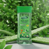 Aloe Vera Anti-Aging Body Massage Oil in a bottle surrounded by fresh green aloe leaves for skincare.