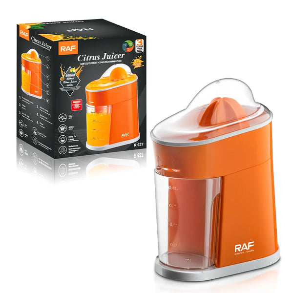 Electric Citrus Juicer with 400ml Collection Cup in orange with packaging, ideal for fresh citrus juice.